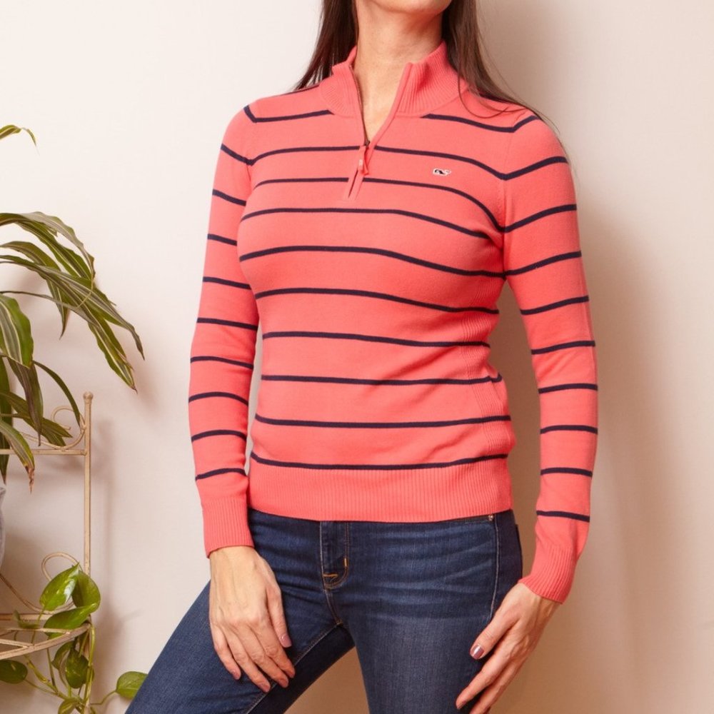 Vineyard Vines Coral & Navy Striped Pullover